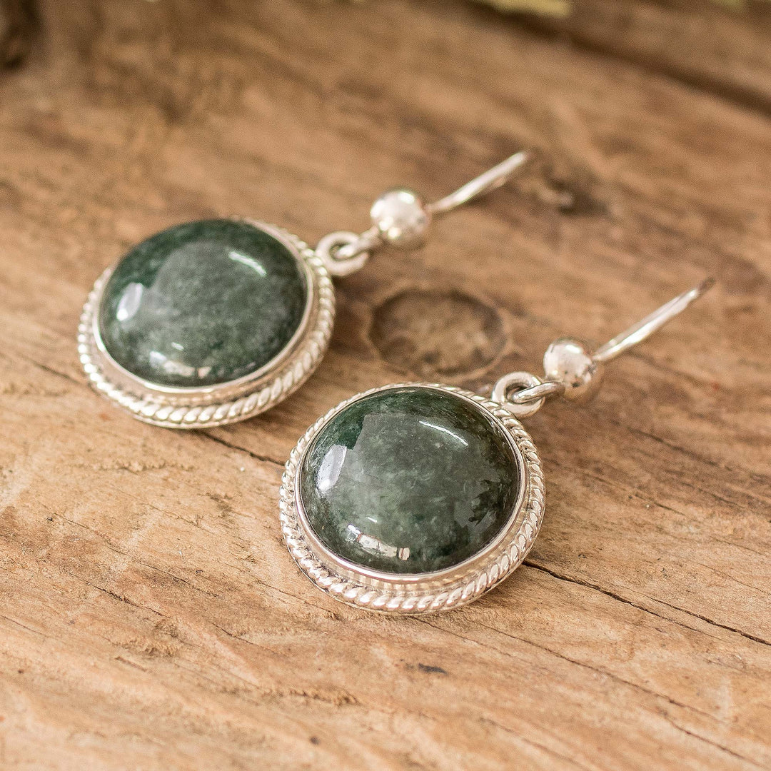 Round Dark Green Jade Sterling Silver Dangle Earrings - Ancient Circle