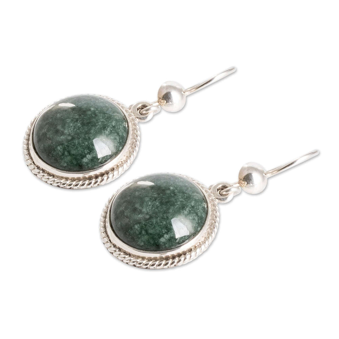Round Dark Green Jade Sterling Silver Dangle Earrings - Ancient Circle