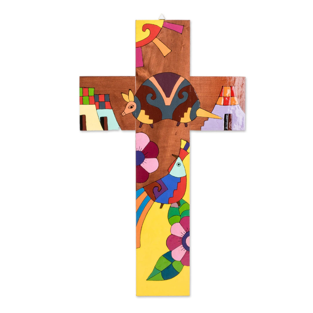 Hand-Painted Folk Art-Themed Pinewood Wall Cross - Nature & Peace