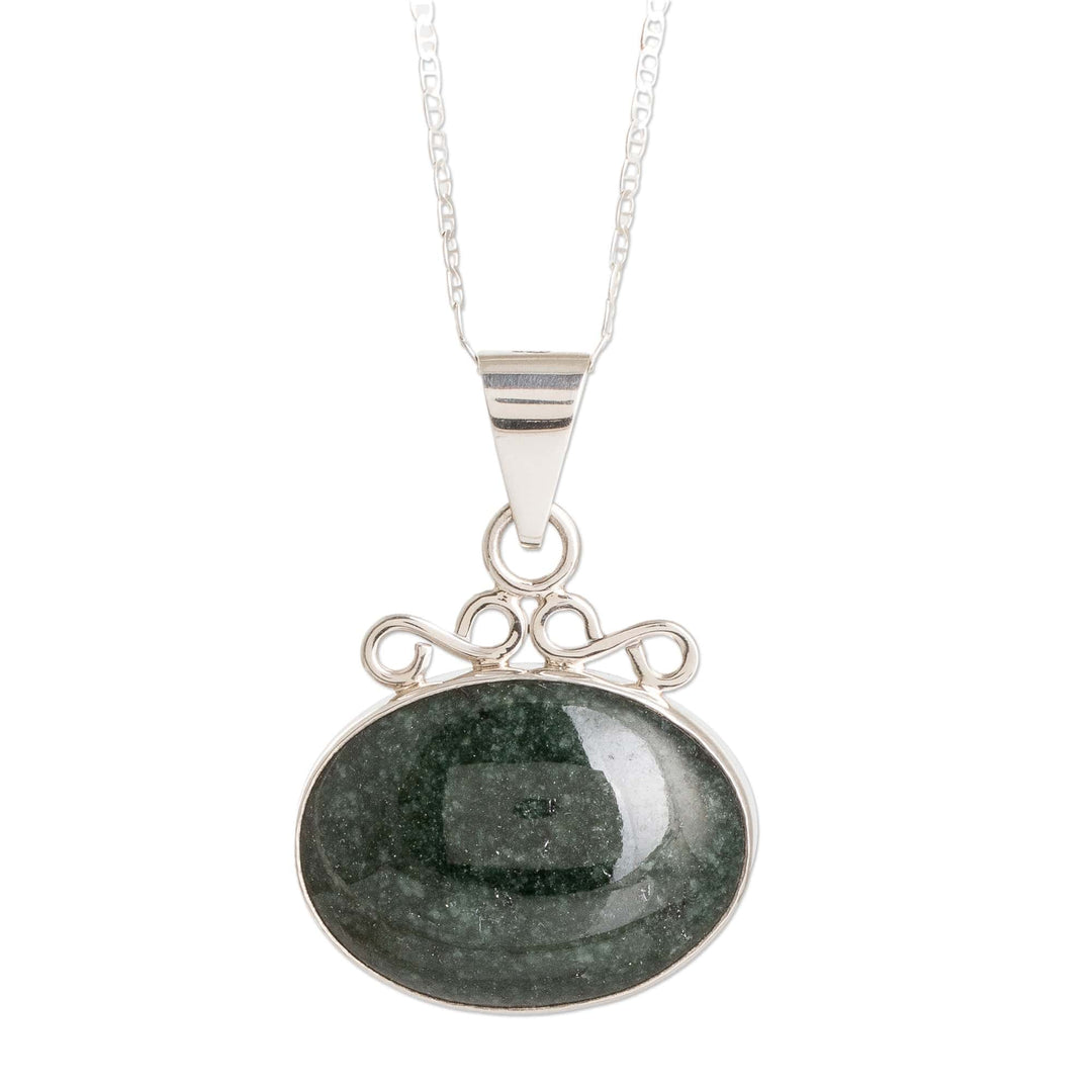 Sterling Silver Necklace with Dark Green Jade Oval Pendant - Mayan Ovals