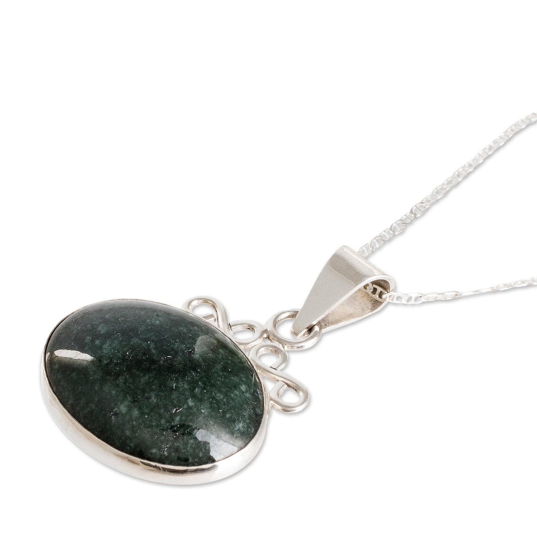 Sterling Silver Necklace with Dark Green Jade Oval Pendant - Mayan Ovals
