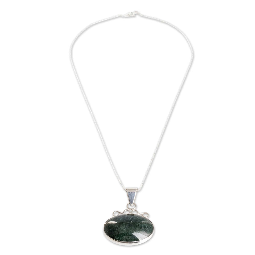 Sterling Silver Necklace with Dark Green Jade Oval Pendant - Mayan Ovals