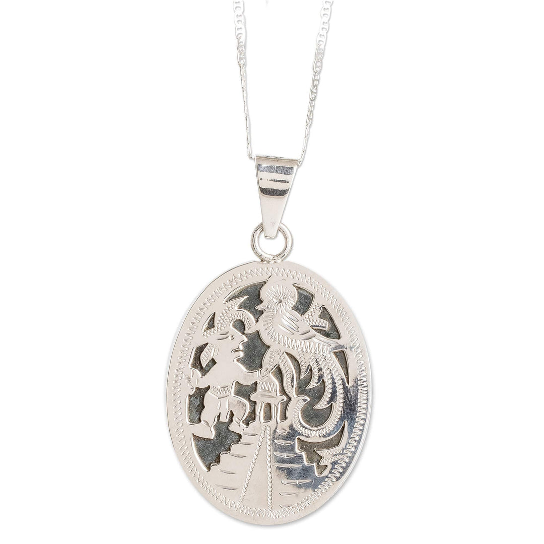 Reversible Silver Green Jade Maya-Themed Pendant Necklace - National Icon