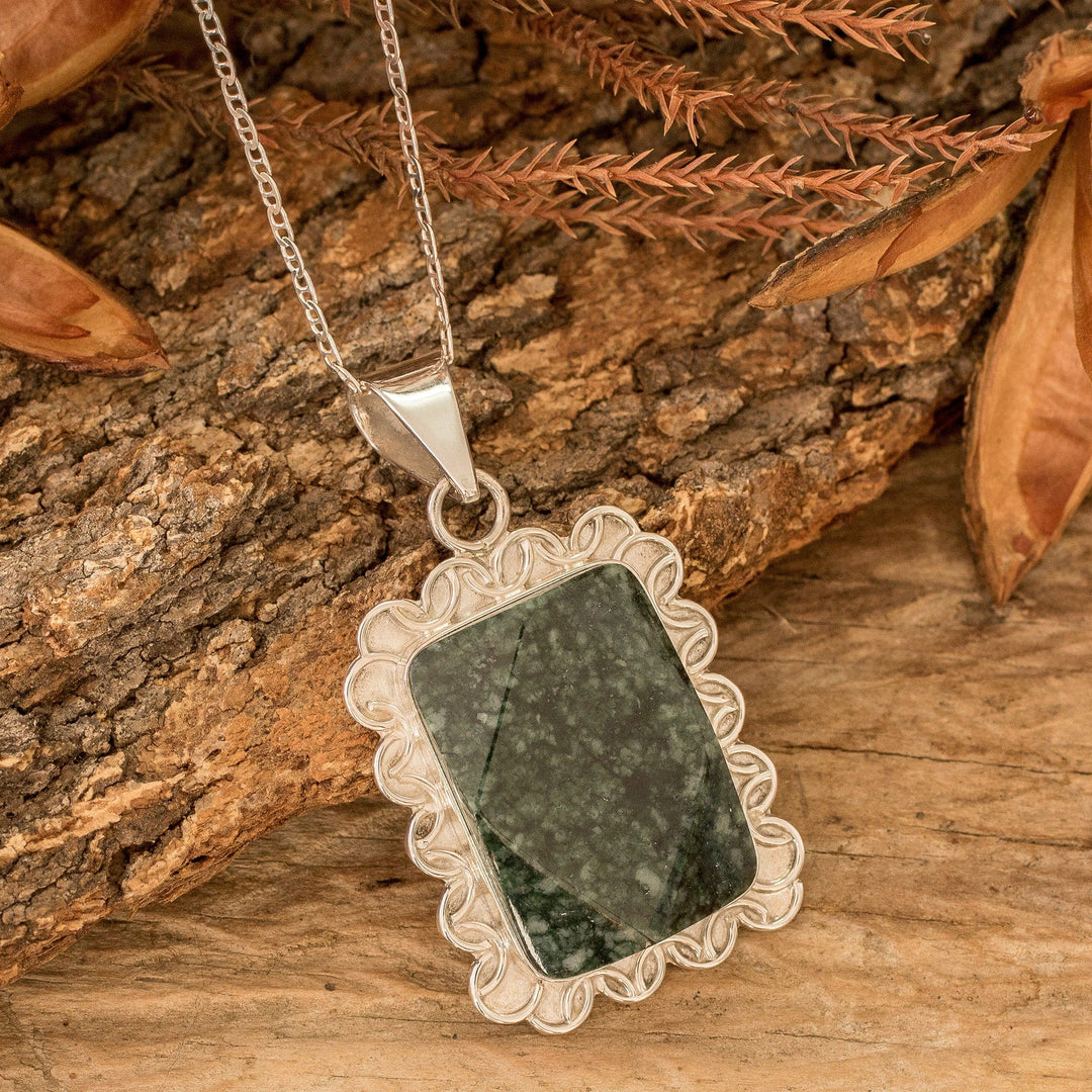 Silver Necklace with Faceted Dark Green Jade Pendant - Dark Green Daisy