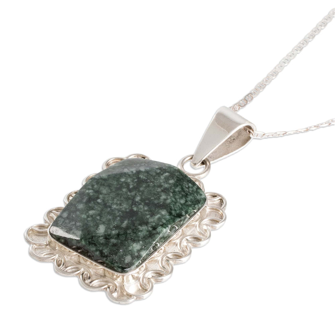 Silver Necklace with Faceted Dark Green Jade Pendant - Dark Green Daisy