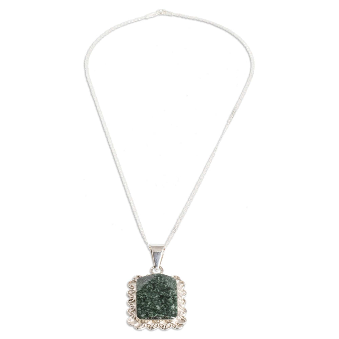 Silver Necklace with Faceted Dark Green Jade Pendant - Dark Green Daisy