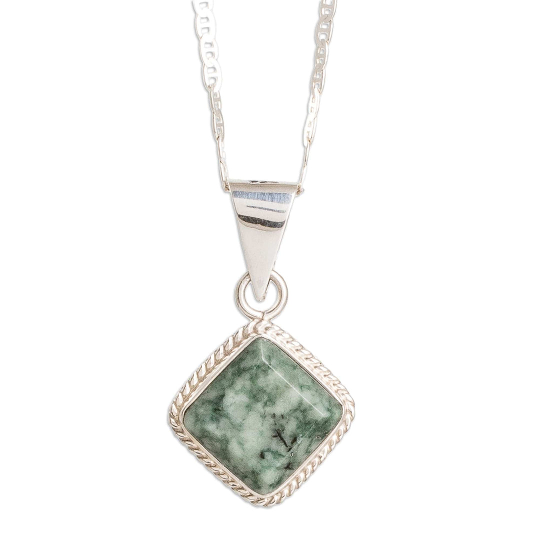 Silver Necklace with Rhombus-Shaped Green Jade Pendant - Light Green Diamond