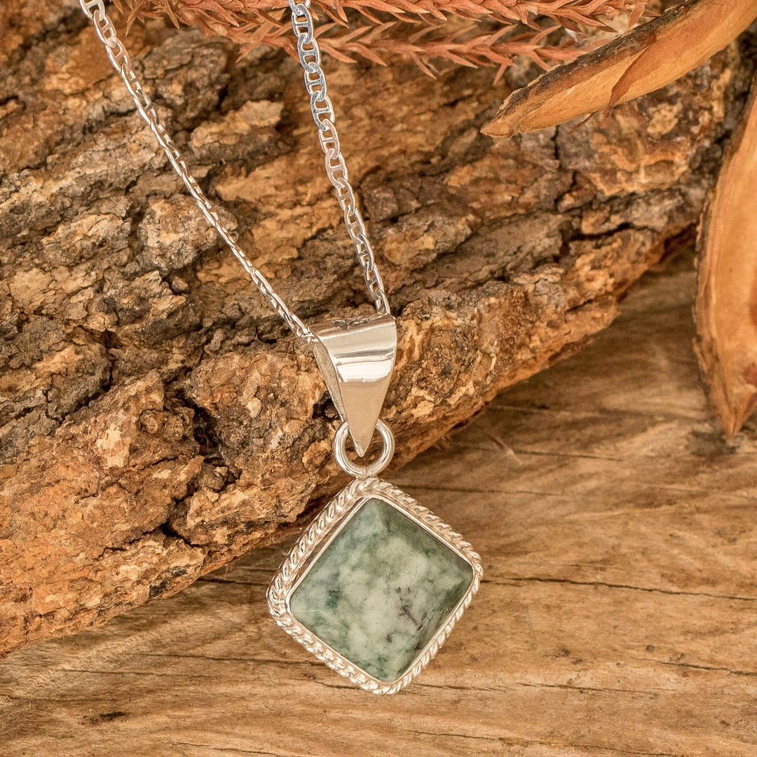 Silver Necklace with Rhombus-Shaped Green Jade Pendant - Light Green Diamond
