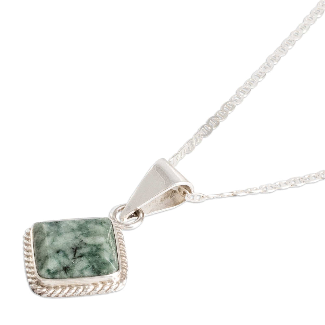 Silver Necklace with Rhombus-Shaped Green Jade Pendant - Light Green Diamond