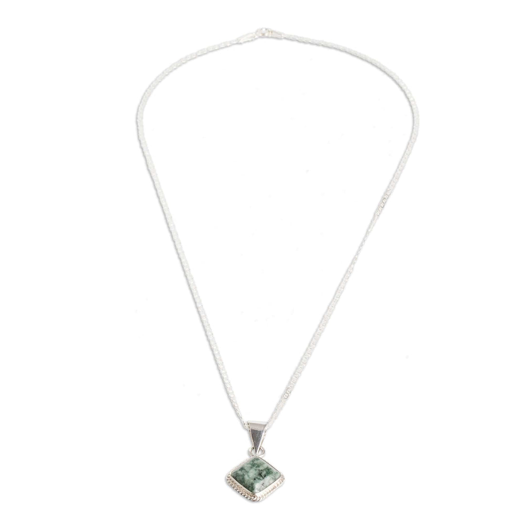 Silver Necklace with Rhombus-Shaped Green Jade Pendant - Light Green Diamond