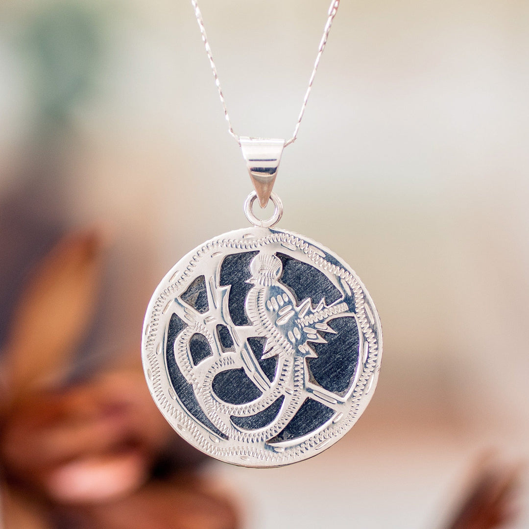 Reversible Silver Black Jade Quetzal Bird Pendant Necklace - Quetzal Geometry