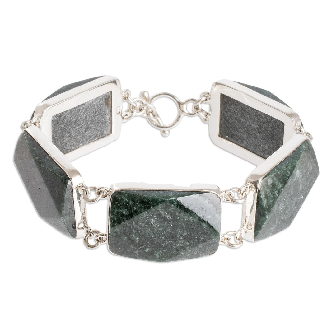 Polished Sterling Silver Bracelet with Dark Green Jade Links - Maya Empress