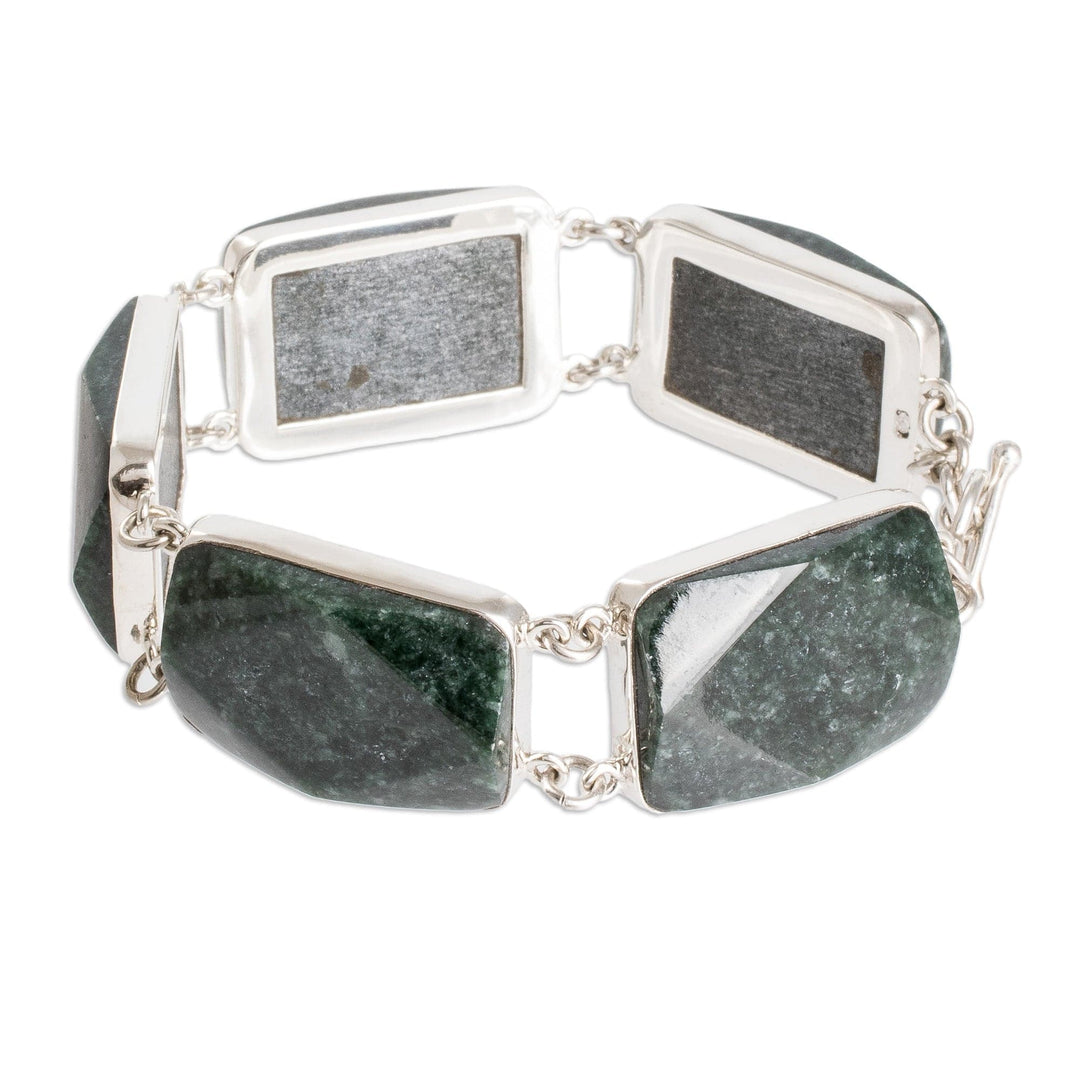 Polished Sterling Silver Bracelet with Dark Green Jade Links - Maya Empress