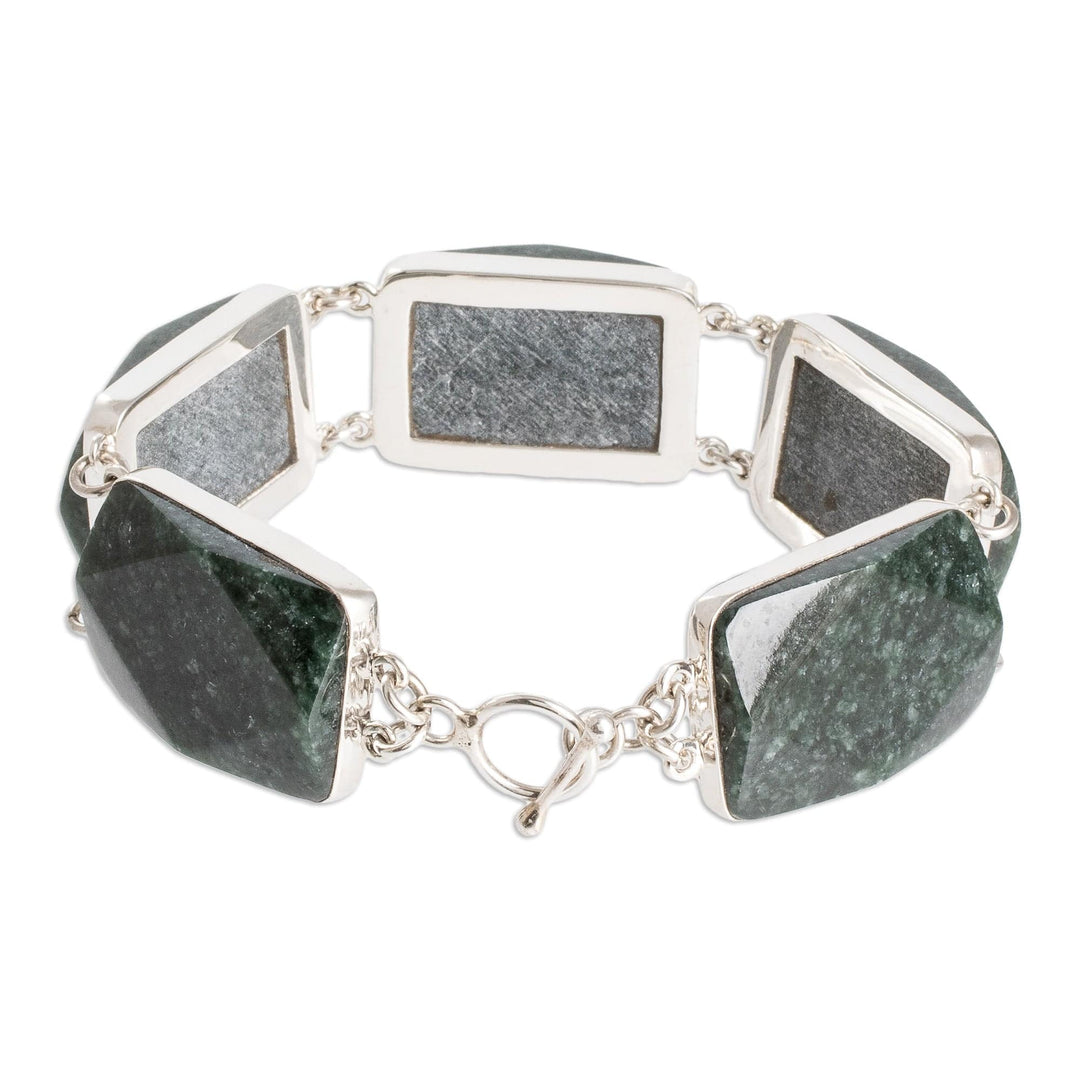 Polished Sterling Silver Bracelet with Dark Green Jade Links - Maya Empress