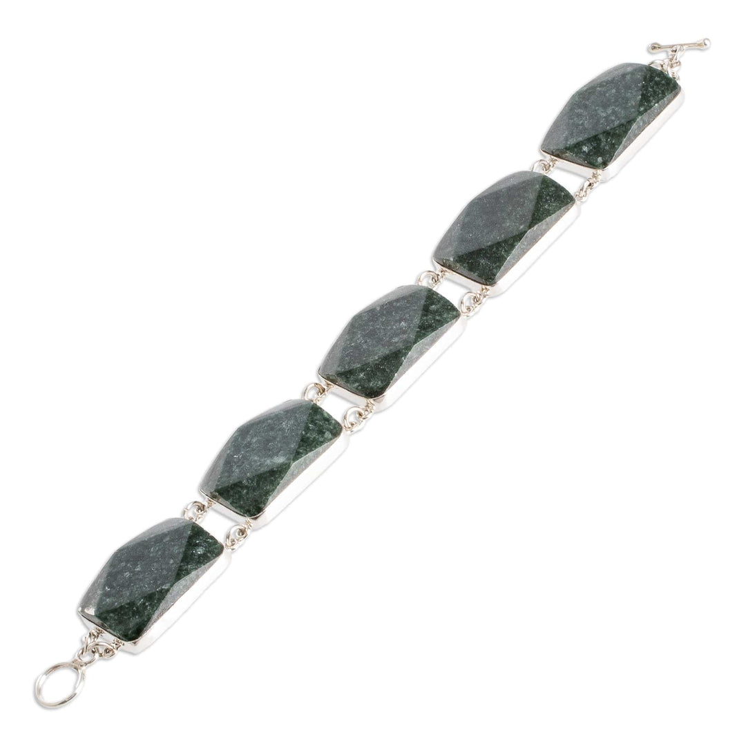 Polished Sterling Silver Bracelet with Dark Green Jade Links - Maya Empress