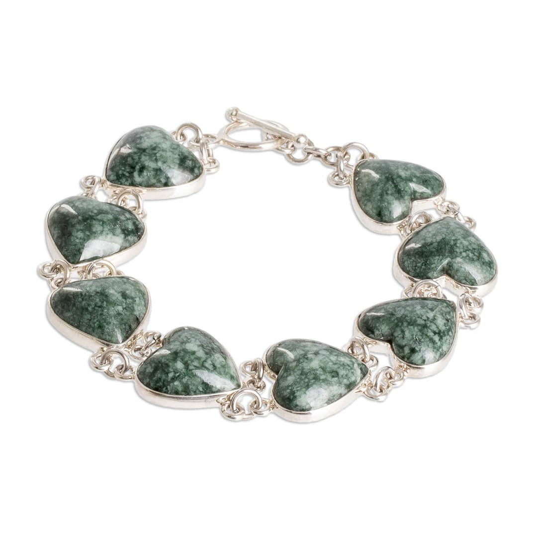 Sterling Silver Heart Link Bracelet with Green Jade Stones - Green Symbol of Love