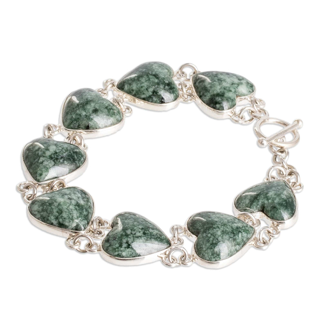 Sterling Silver Heart Link Bracelet with Green Jade Stones - Green Symbol of Love