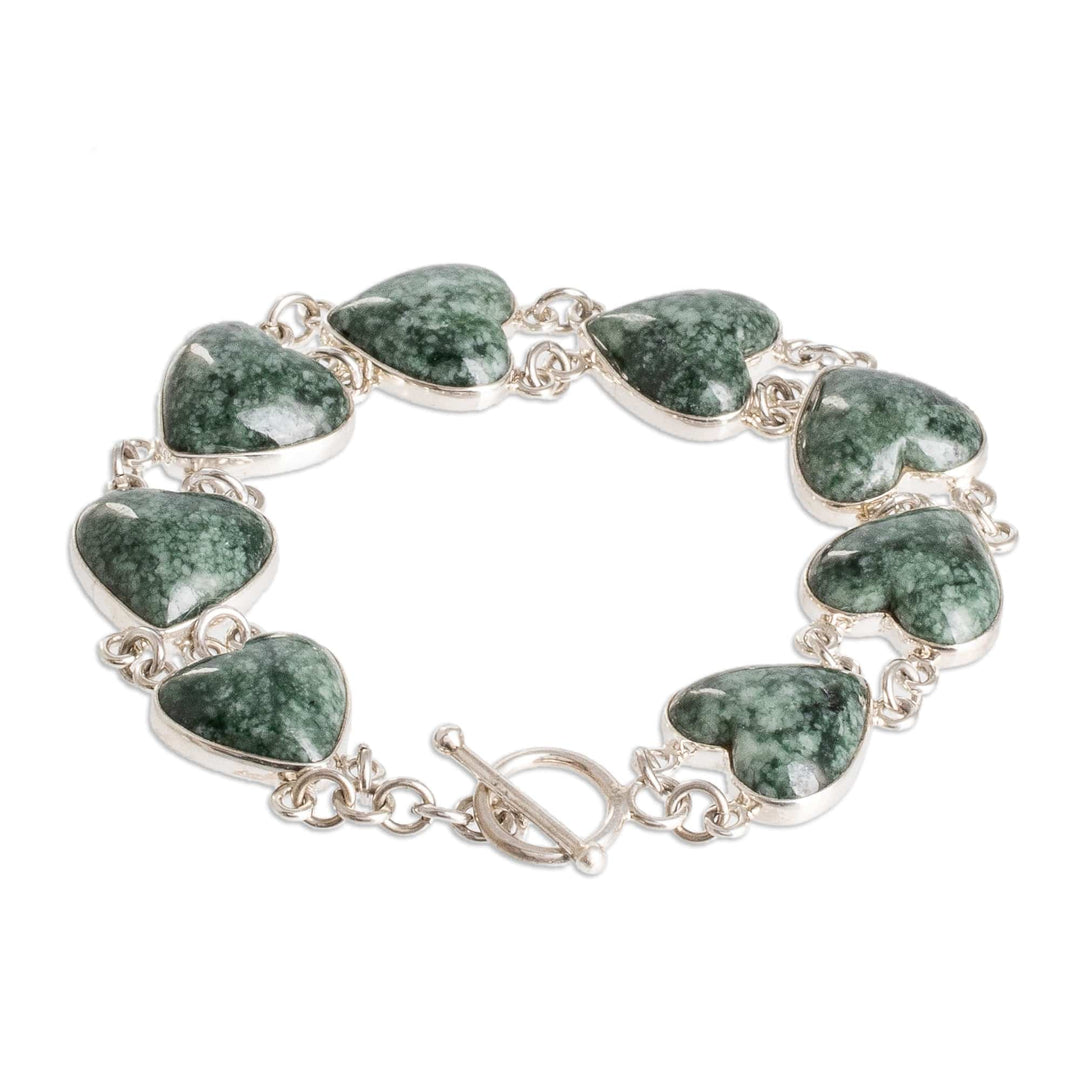 Sterling Silver Heart Link Bracelet with Green Jade Stones - Green Symbol of Love