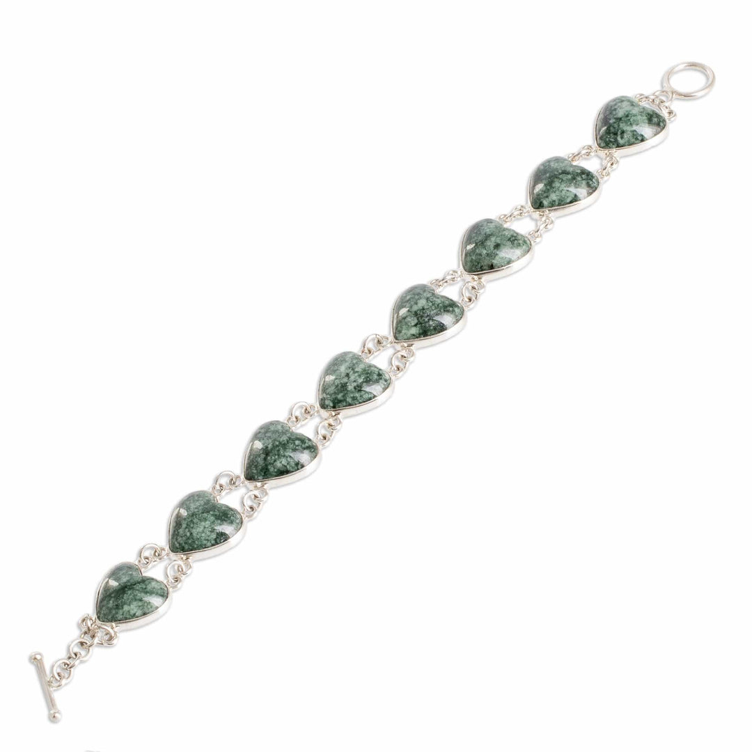 Sterling Silver Heart Link Bracelet with Green Jade Stones - Green Symbol of Love