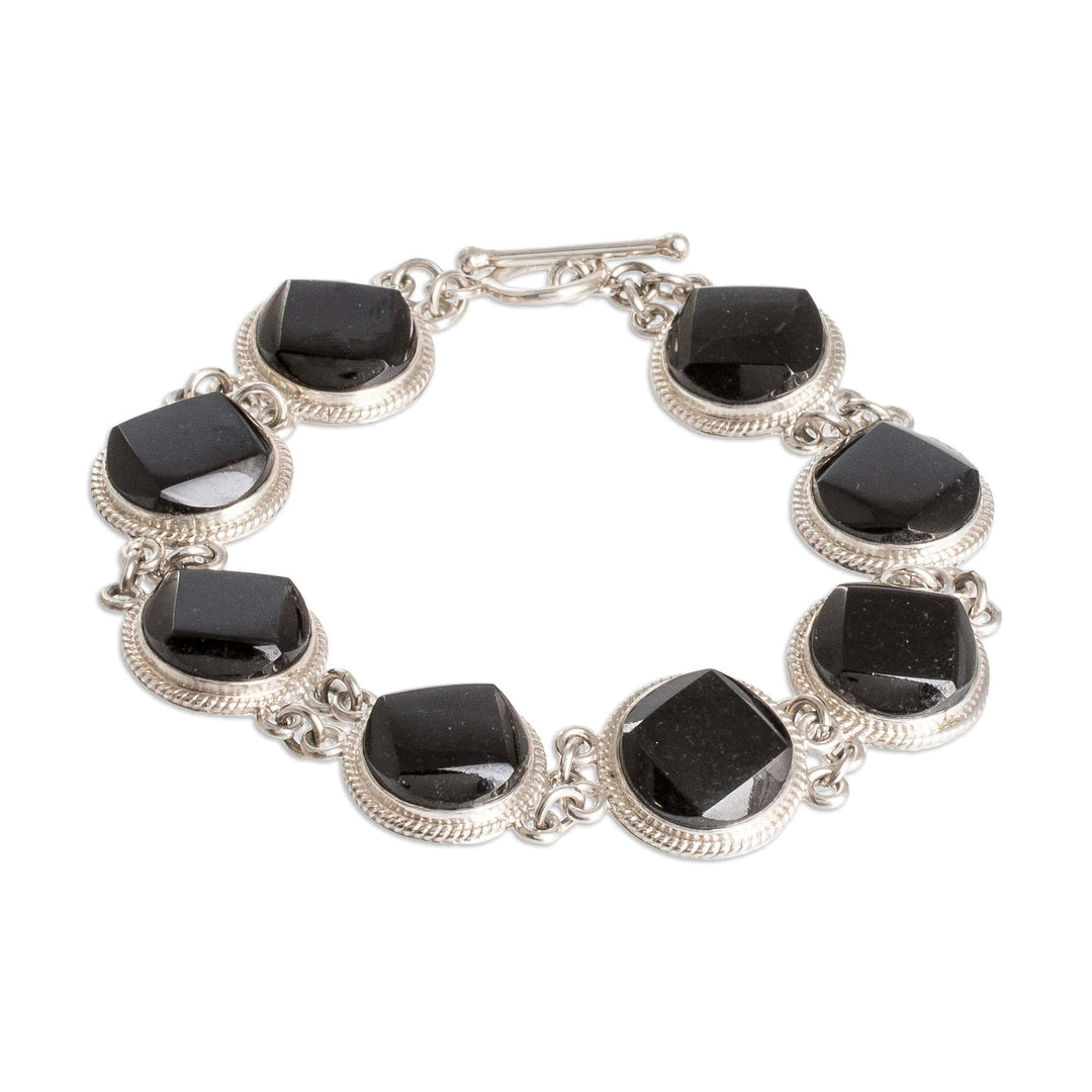 Sterling Silver Geometric Link Bracelet with Black Jade - Glamorous Geometry