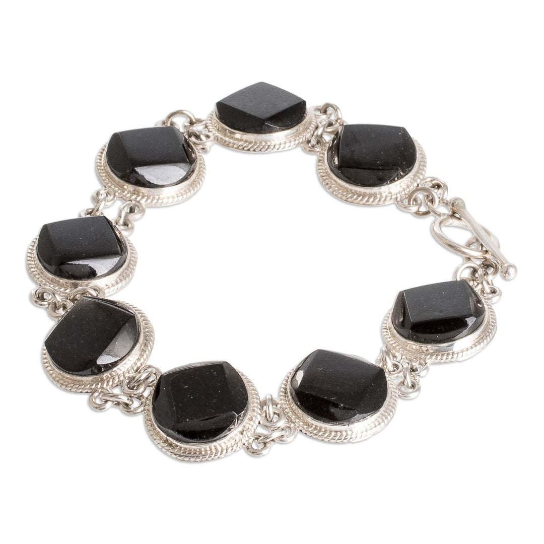Sterling Silver Geometric Link Bracelet with Black Jade - Glamorous Geometry