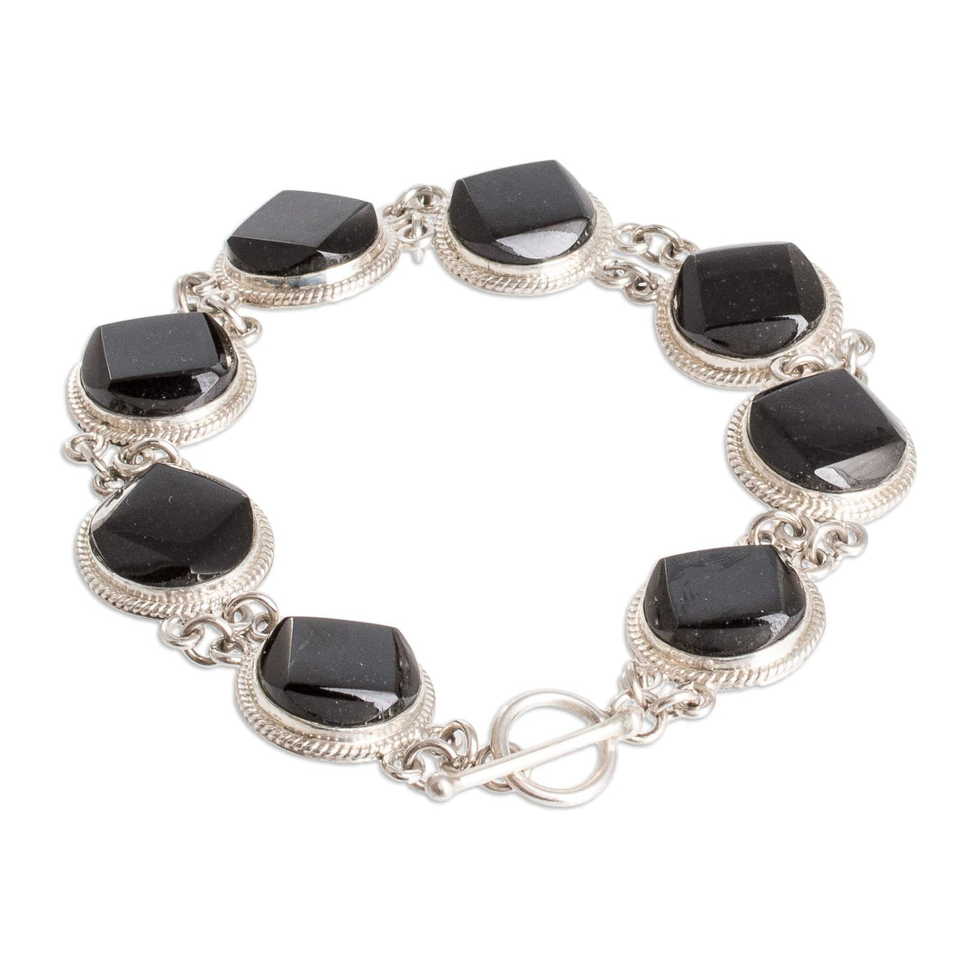 Sterling Silver Geometric Link Bracelet with Black Jade - Glamorous Geometry