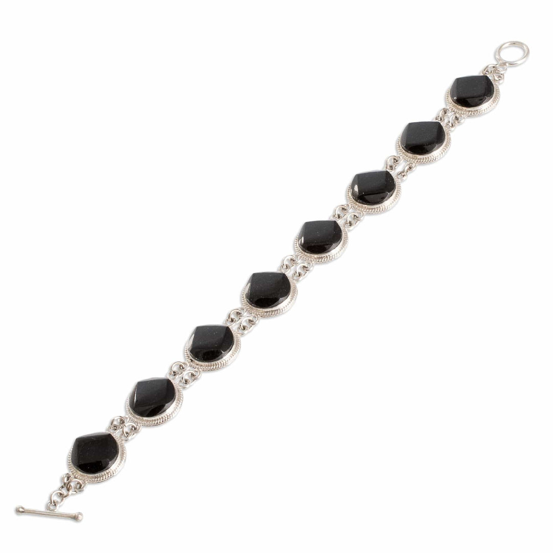 Sterling Silver Geometric Link Bracelet with Black Jade - Glamorous Geometry