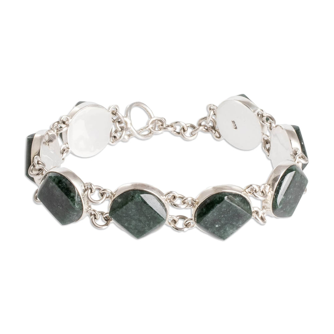 Sterling Silver Geometric Link Bracelet with Dark Green Jade - Night Forest
