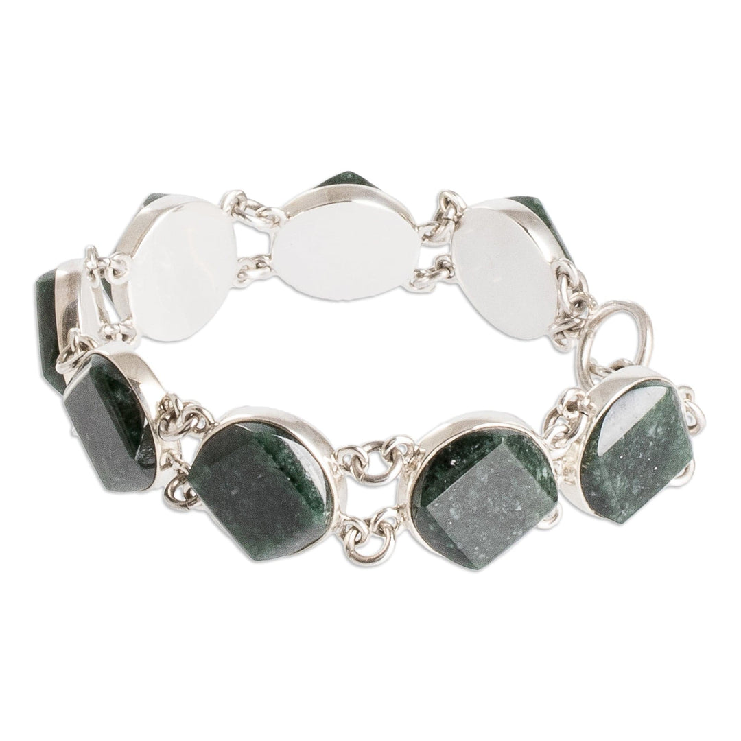 Sterling Silver Geometric Link Bracelet with Dark Green Jade - Night Forest