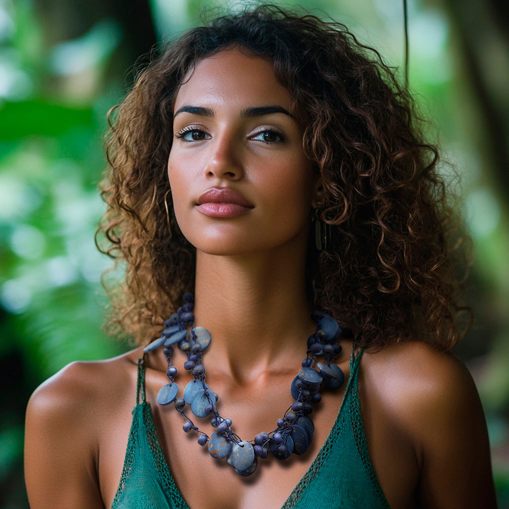 Hand-Carved Beaded Statement Necklace in Blue and Gold Hues - Bohemian Joy in Blue