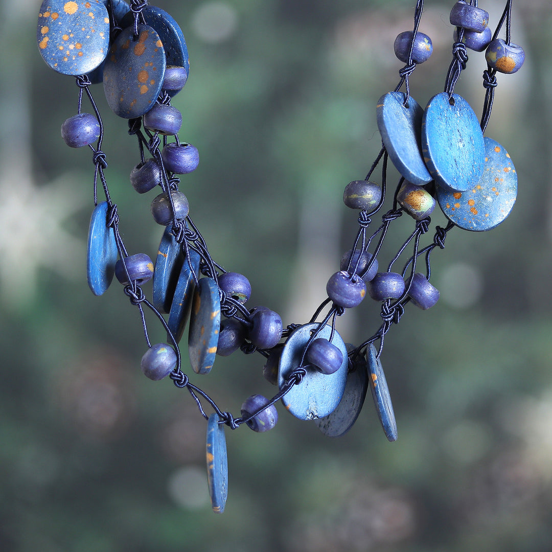 Hand-Carved Beaded Statement Necklace in Blue and Gold Hues - Bohemian Joy in Blue