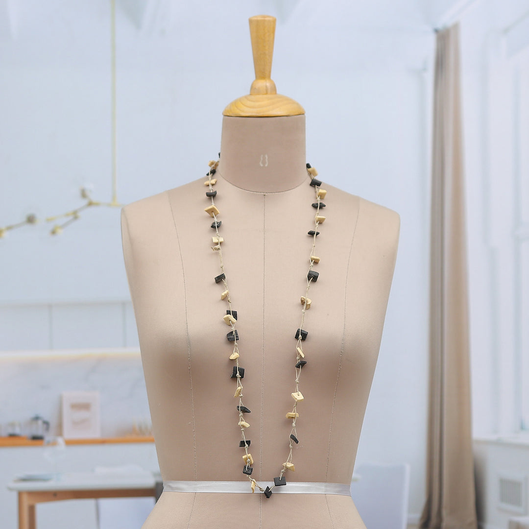 Hand-Carved Long Beaded Necklace in Ivory and Black Hues - Everlasting Magic