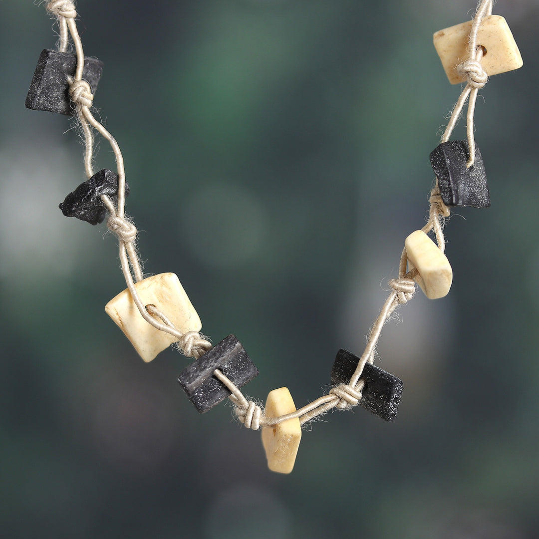 Hand-Carved Long Beaded Necklace in Ivory and Black Hues - Everlasting Magic