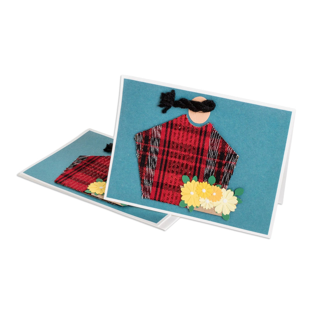 Pair of Blue Greeting Cards with Hand-Woven Cotton Accents - Maya Beauty