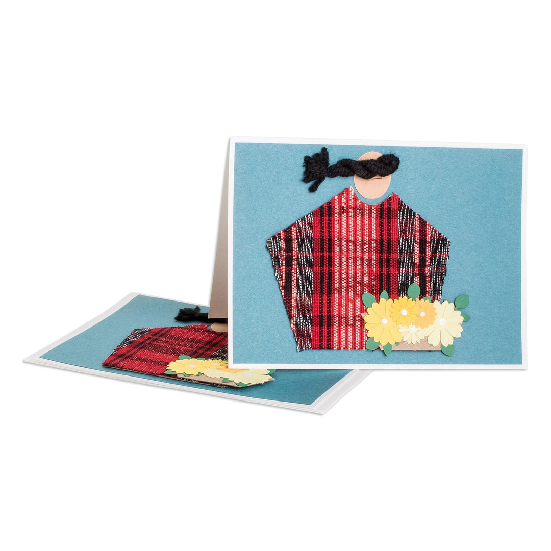 Pair of Blue Greeting Cards with Hand-Woven Cotton Accents - Maya Beauty