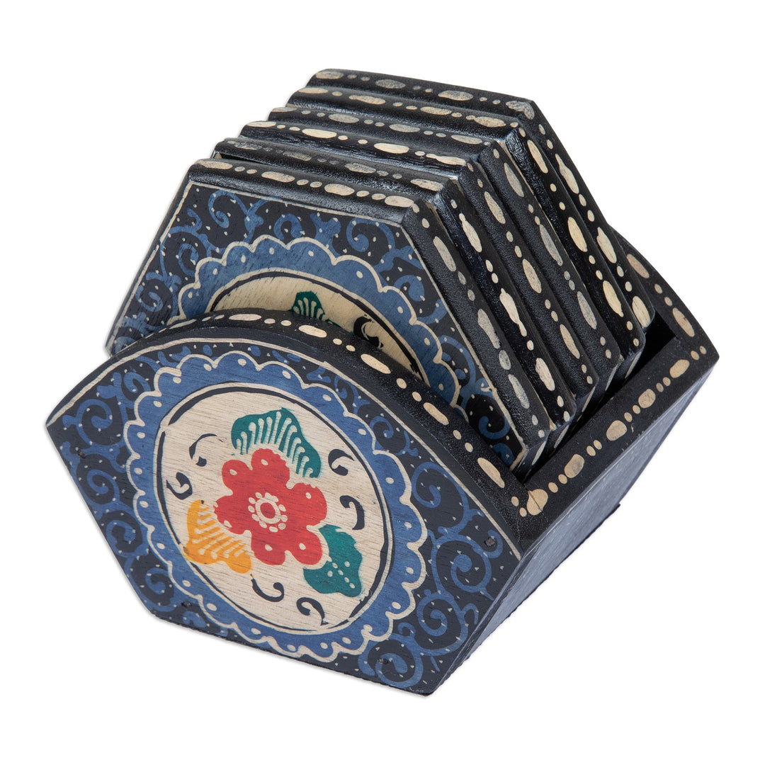 Set of 6 Floral Indigo Wadang Wood Batik Coasters and Stand - Indigo Memory