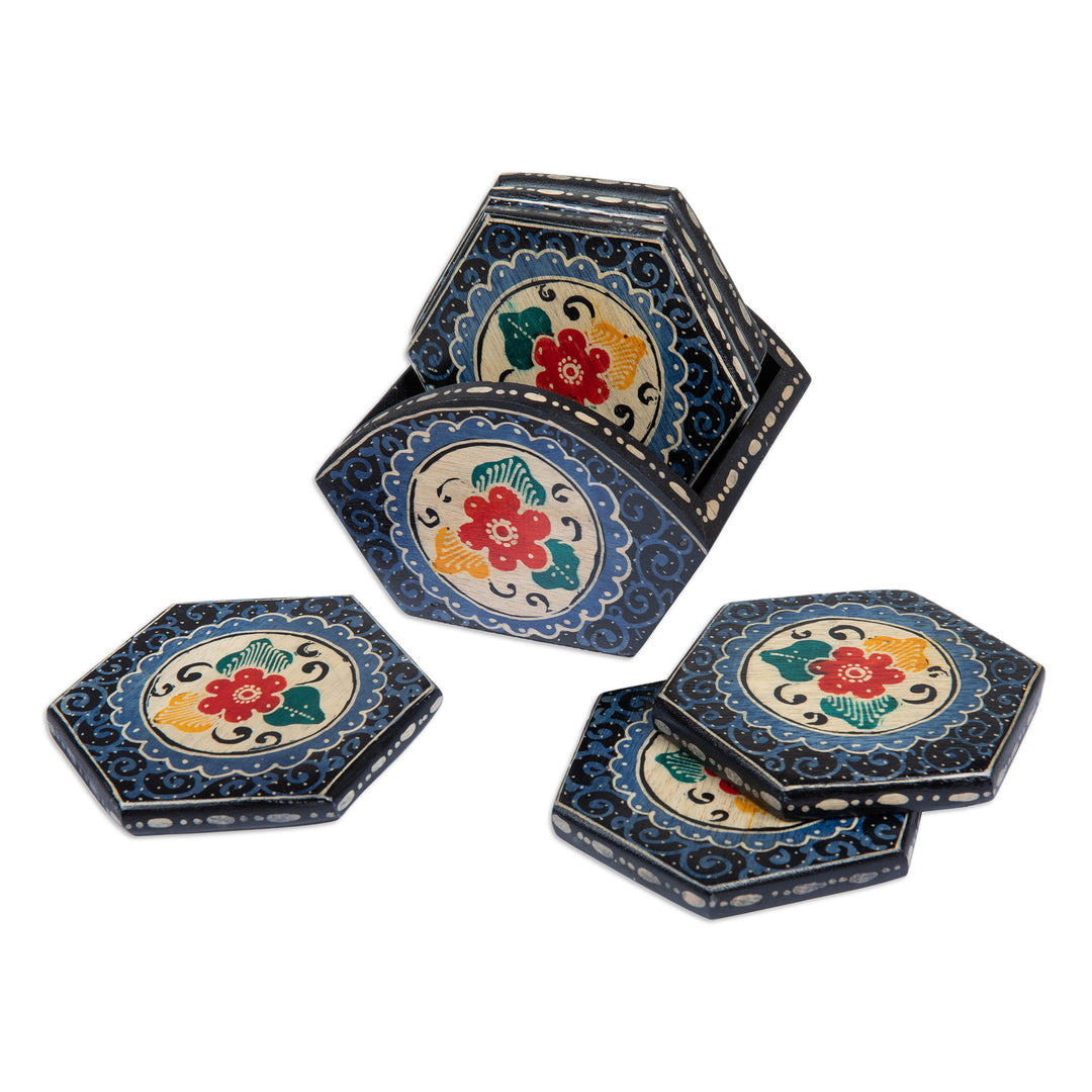 Set of 6 Floral Indigo Wadang Wood Batik Coasters and Stand - Indigo Memory