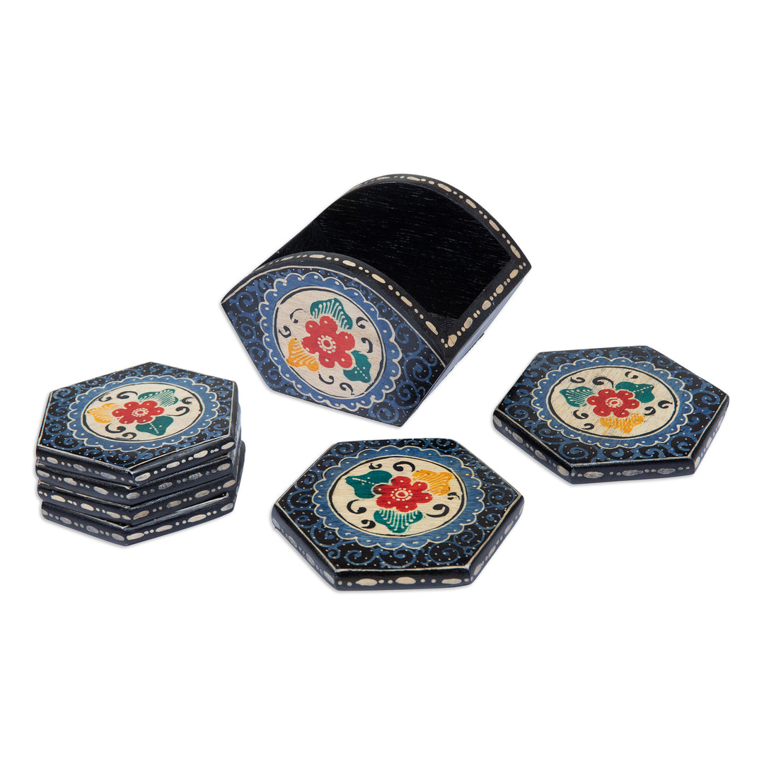 Set of 6 Floral Indigo Wadang Wood Batik Coasters and Stand - Indigo Memory