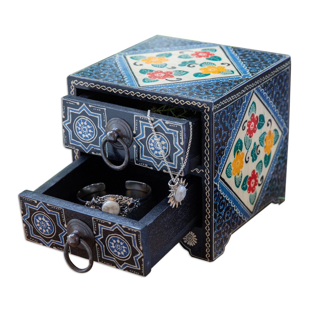 Handcrafted Blue-Toned Batik Ganitri Wood Jewelry Chest - Midnight Palace