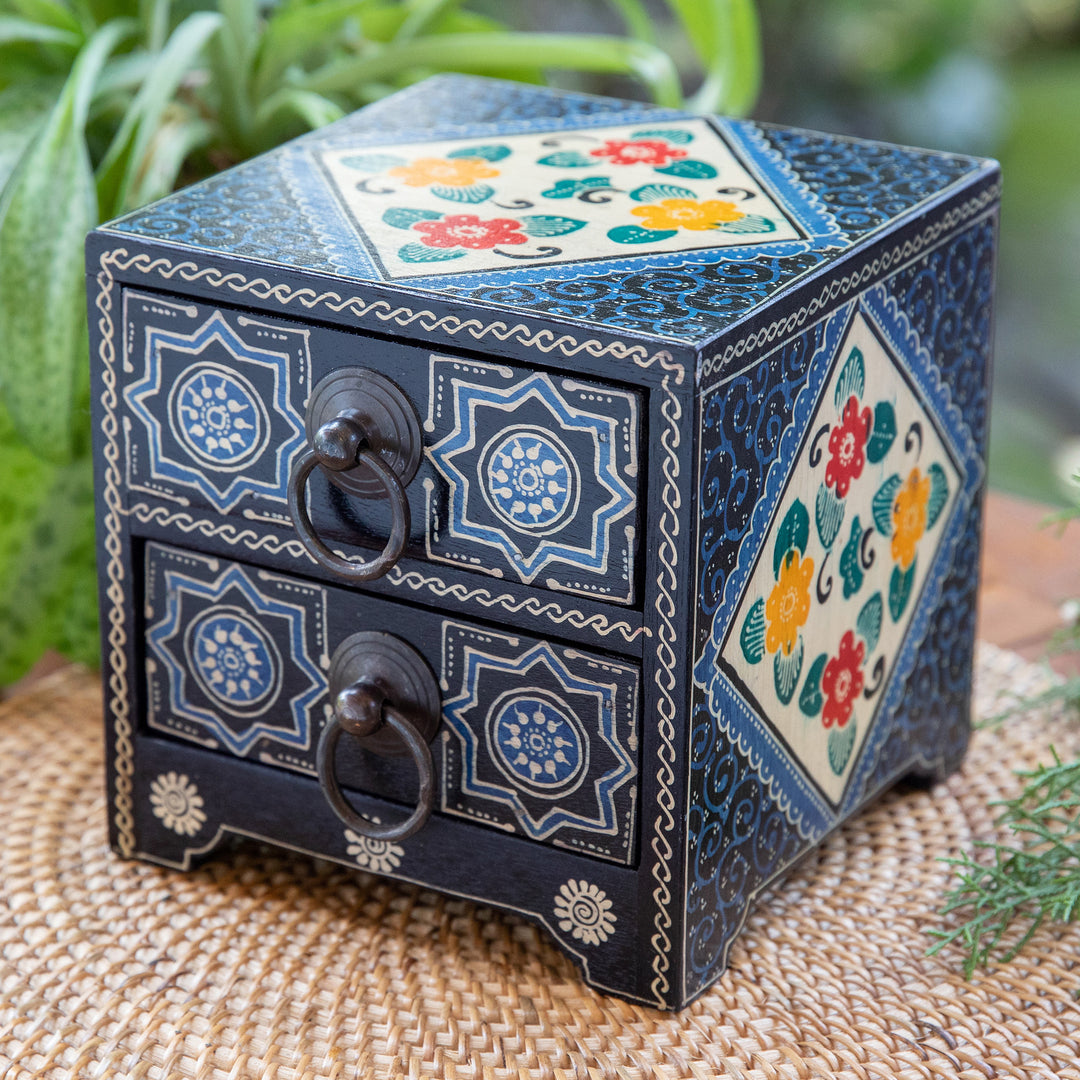 Handcrafted Blue-Toned Batik Ganitri Wood Jewelry Chest - Midnight Palace