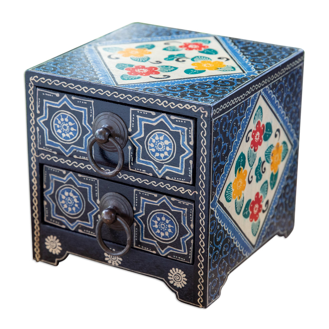 Handcrafted Blue-Toned Batik Ganitri Wood Jewelry Chest - Midnight Palace