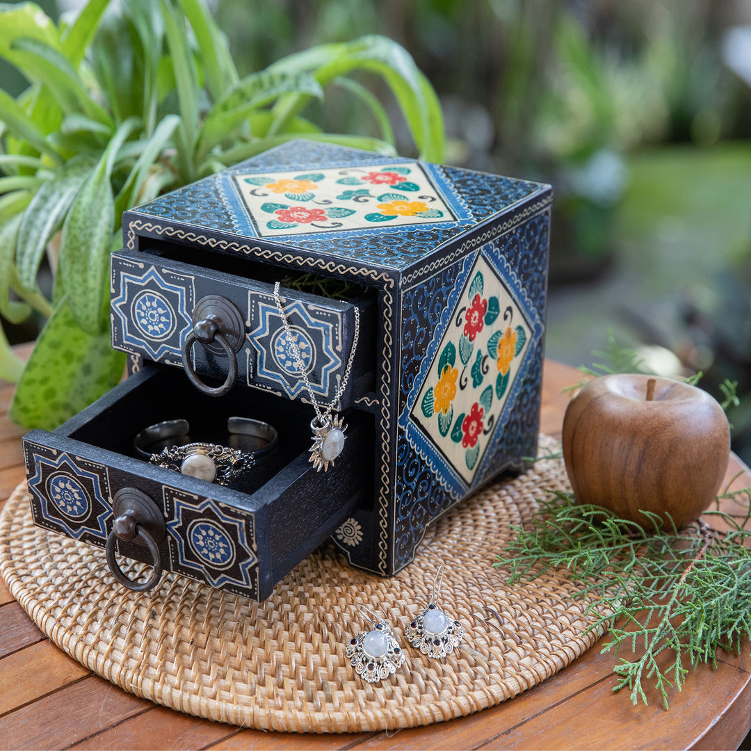 Handcrafted Blue-Toned Batik Ganitri Wood Jewelry Chest - Midnight Palace