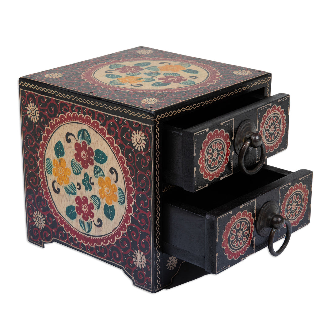 Handcrafted Red-Toned Batik Ganitri Wood Jewelry Chest - Summer Palace