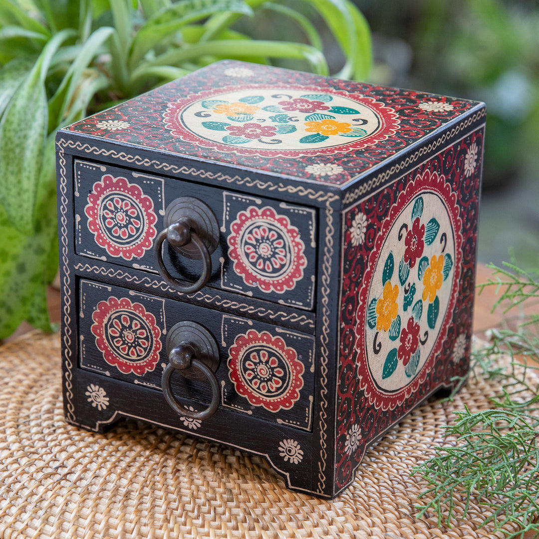 Handcrafted Red-Toned Batik Ganitri Wood Jewelry Chest - Summer Palace