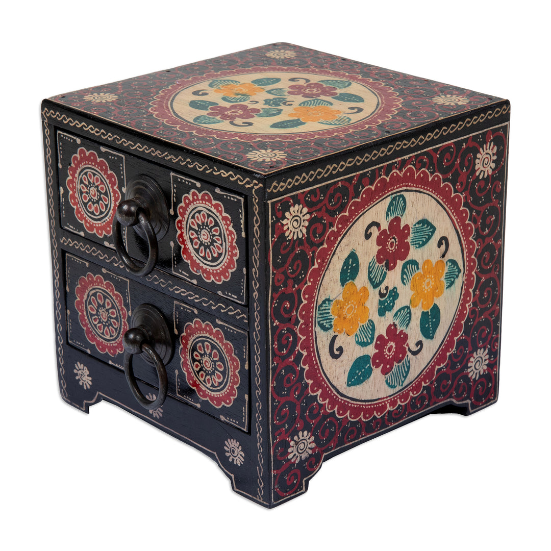 Handcrafted Red-Toned Batik Ganitri Wood Jewelry Chest - Summer Palace
