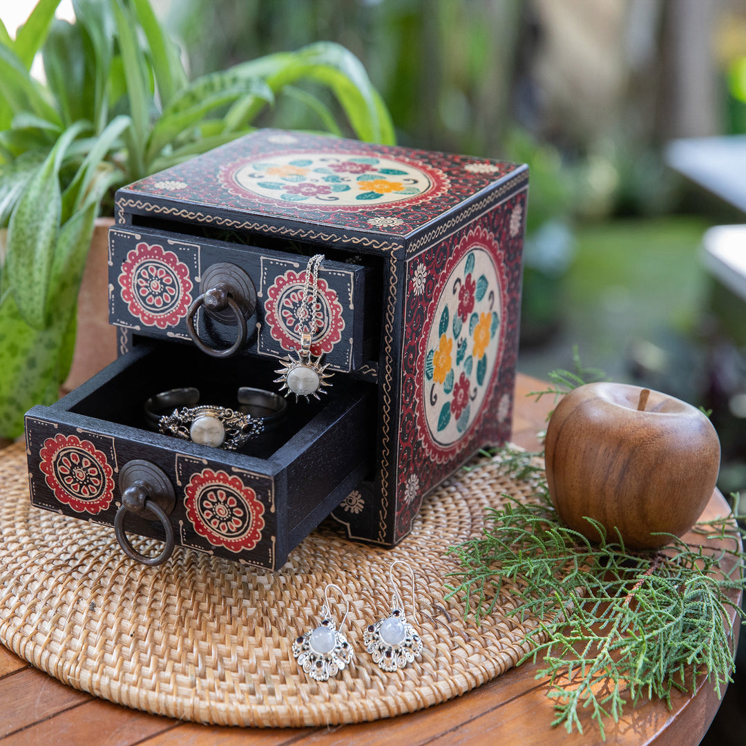Handcrafted Red-Toned Batik Ganitri Wood Jewelry Chest - Summer Palace