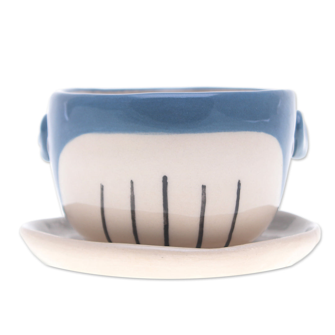 Hand-Painted Whale-Shaped Ceramic Mini Flower Pot and Saucer - Whale Roots