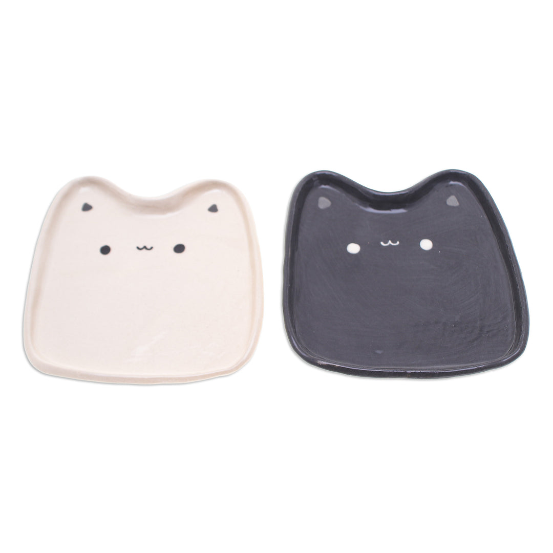 Set of 2 Cat-Shaped Black and White Ceramic Catchalls - Black & White Felines