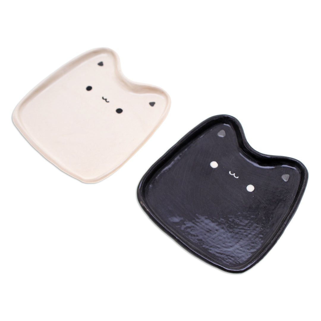 Set of 2 Cat-Shaped Black and White Ceramic Catchalls - Black & White Felines