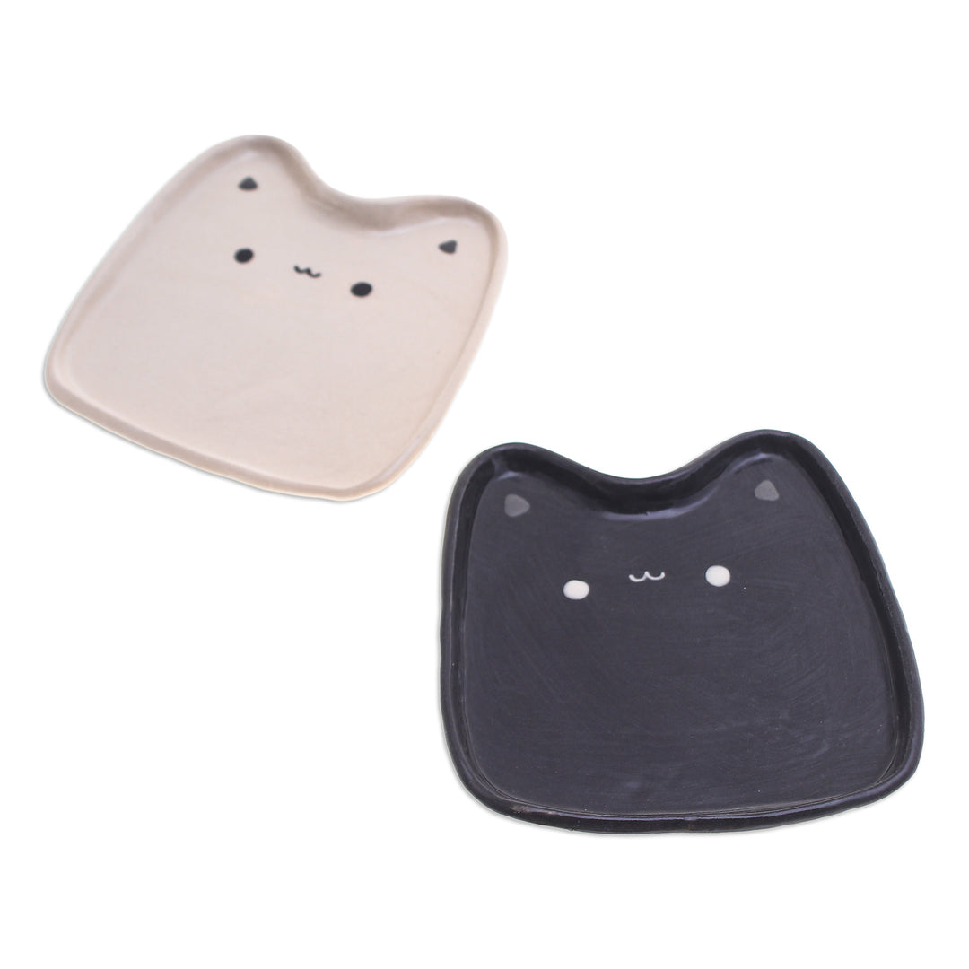 Set of 2 Cat-Shaped Black and White Ceramic Catchalls - Black & White Felines